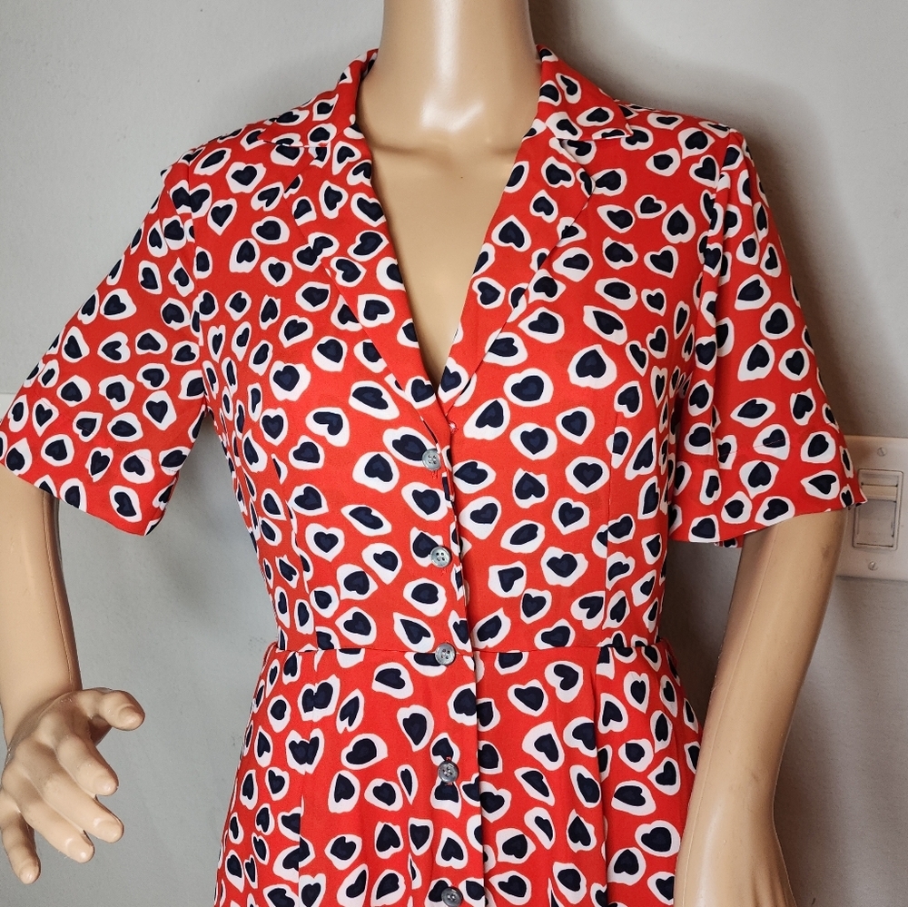 J. Crew Heart Leopard Button Front Midi Dress Red White Blue Size 2 - Picture 13 of 16
